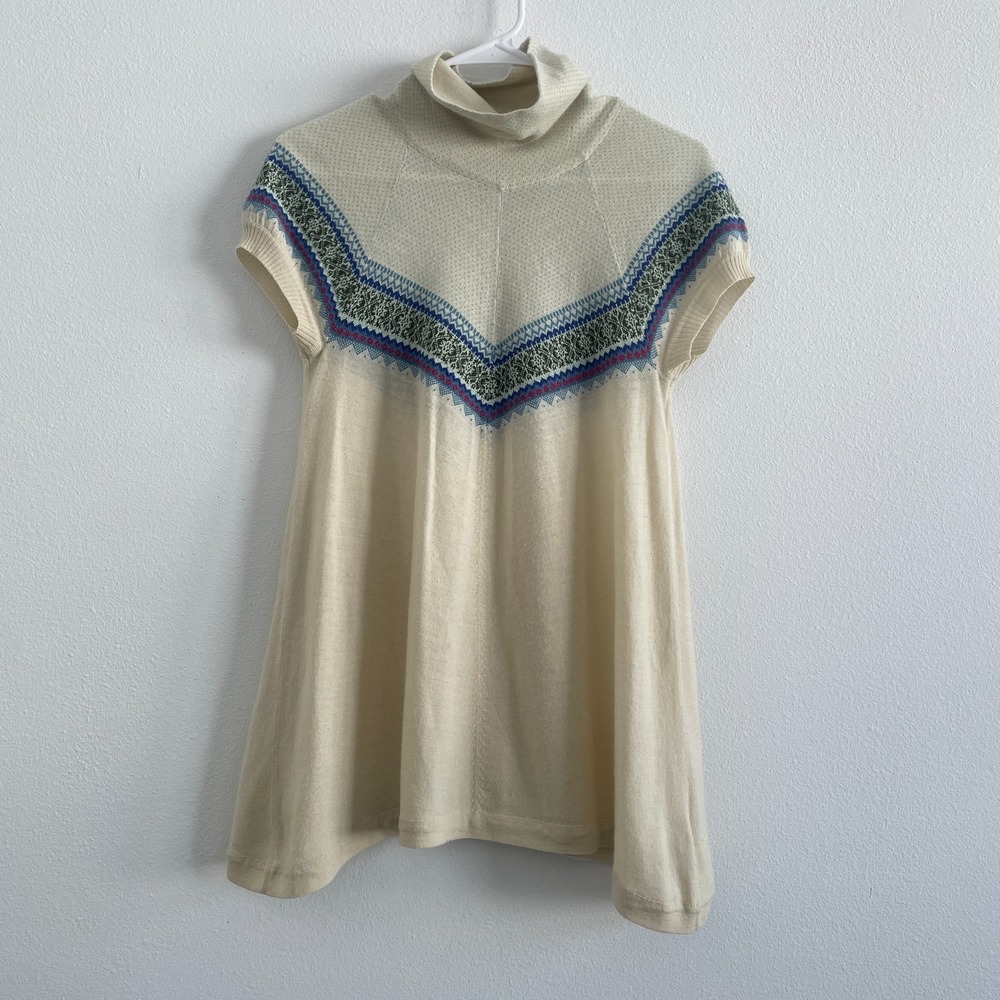Free People Knit Sweater Women L Fair Isle Tunic Cream Y2K Twee Boho A Line